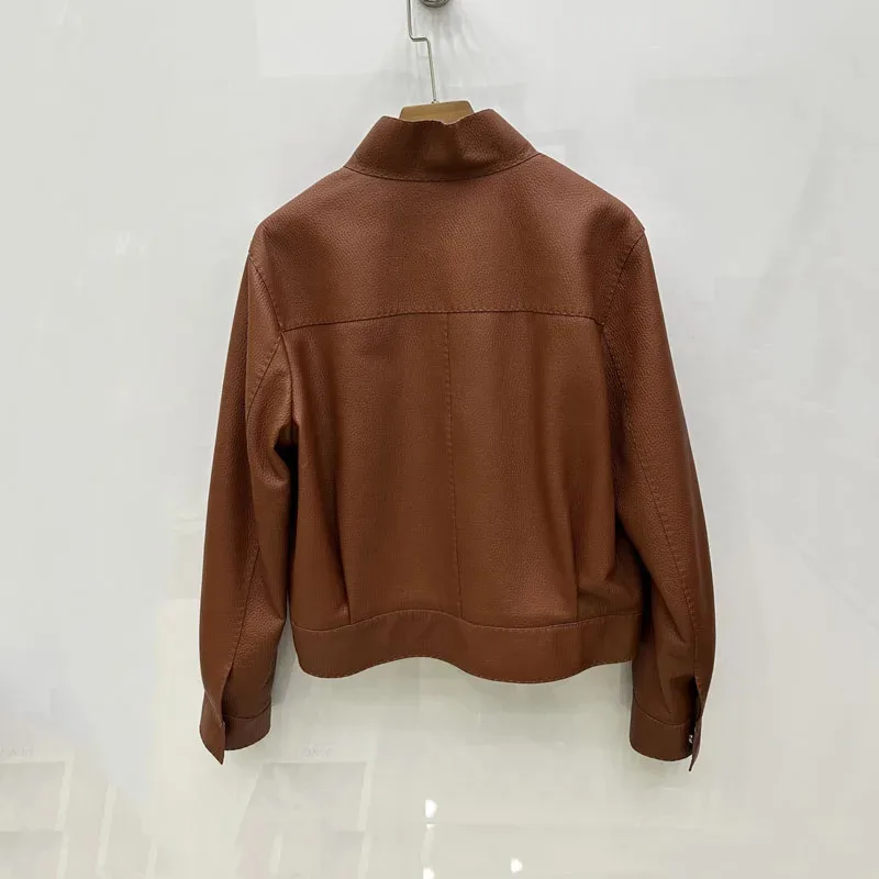 Genuine Leather Jacket Lychee-Patterned Sheepskin Soft Short Length Big Pockets Women Coat Spring Autumn