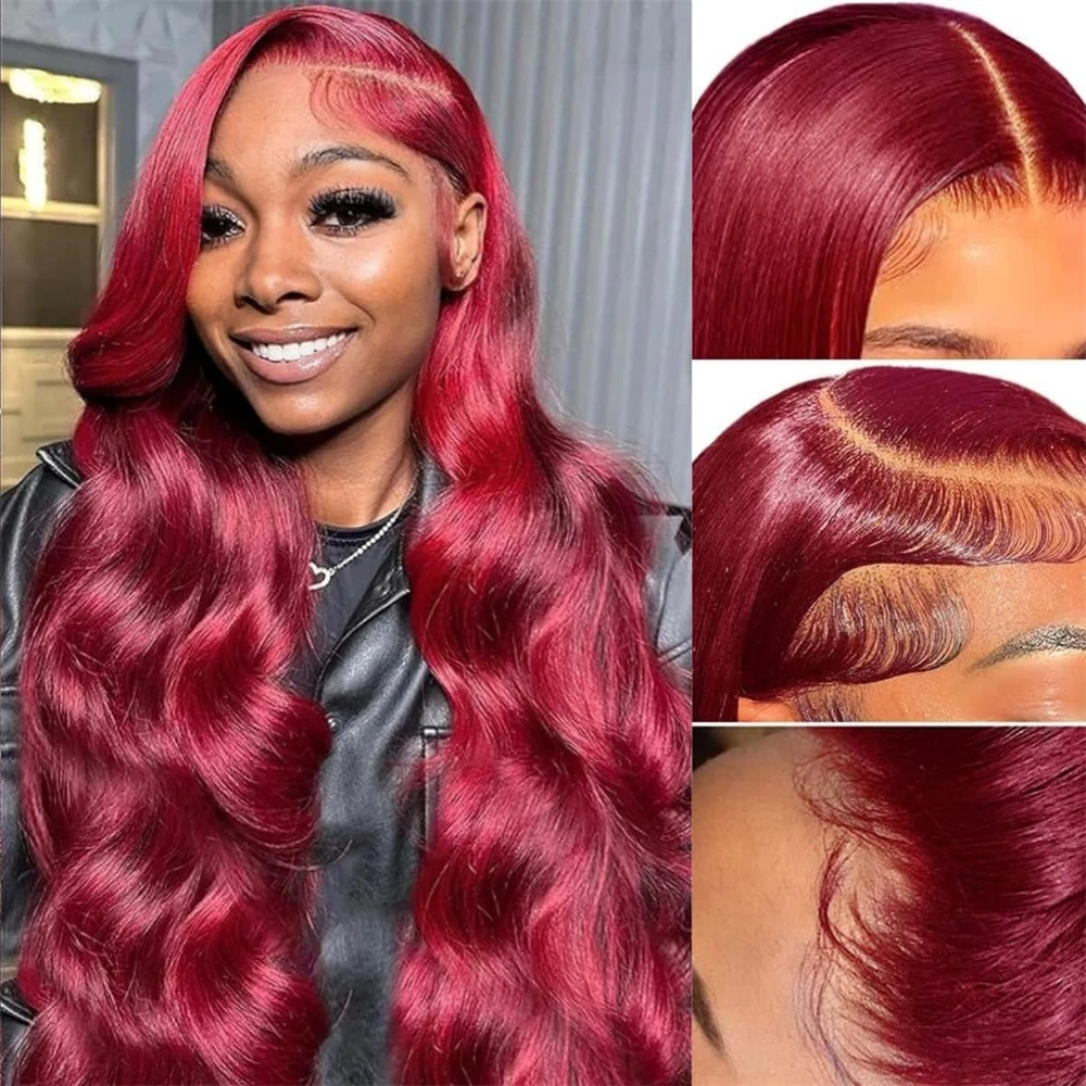 180% Density 13x4 Body Wave Hd Lace Frontal Human Hair Wig For Black Women Pre plucked 99j Lace Front Brazilian burgundy Wigs