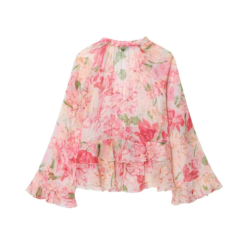 KEYANKETIAN Summer New Women's Vacation Style V-neck Printed Ruffle Edge Layered Pleated Chiffon Shirt For Women
