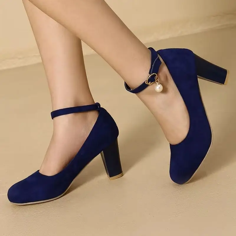 

Elegant Women's High Heels Pumps Mary Janes Shoes Black Blue Green Block Heeled Large Size 46 Office Party Wedding Shoes Ladies