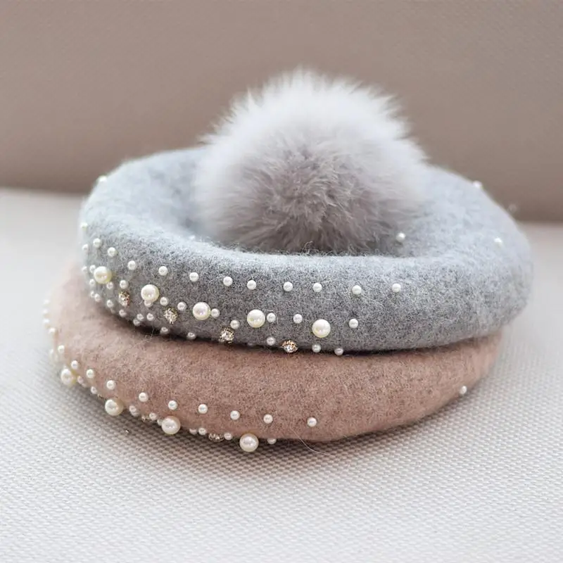 Ladies Fox Fur Ball Wool Beret Cap Fashion Retro Autumn Winter Pearls Detachable Painter Hat Diamond Pumpkin Hat