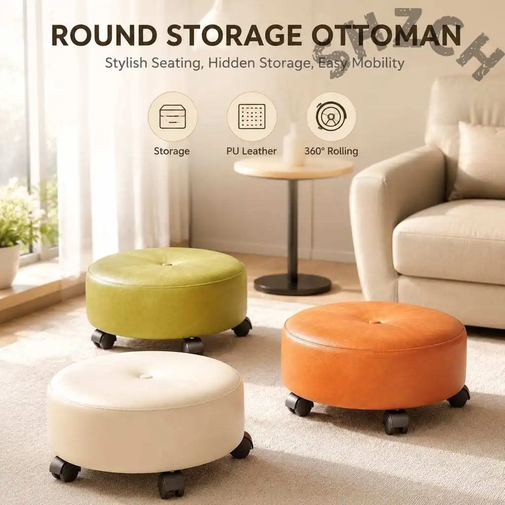 Compact Rolling Stool with Silent 360° Swivel, Solid Wood Frame & Resilient Sponge Seat for Home Cleaning or Kids