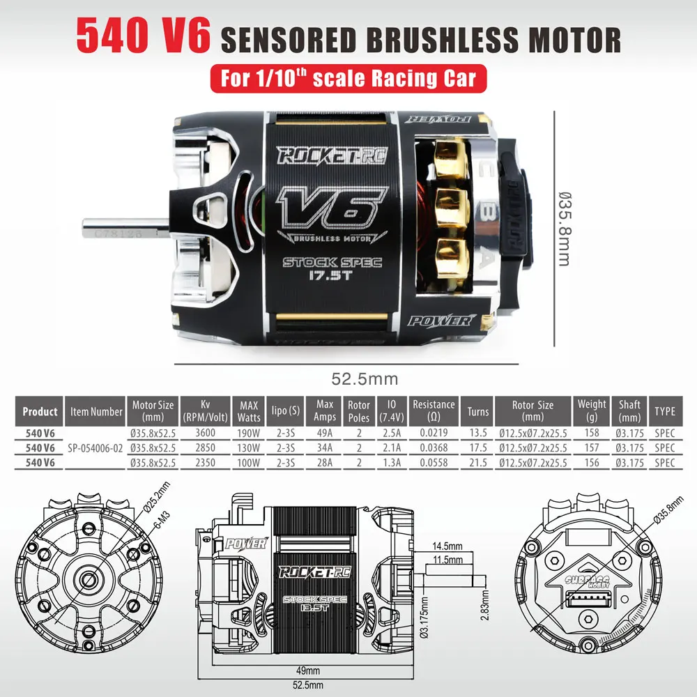 SURPASS HOBBY Rocket RC 540 V6 13.5T 17.5T 21.5T SPEC Sensored Brushless Motor Waterproof 3.175mm for 1/10 1/12 RC Car Drift