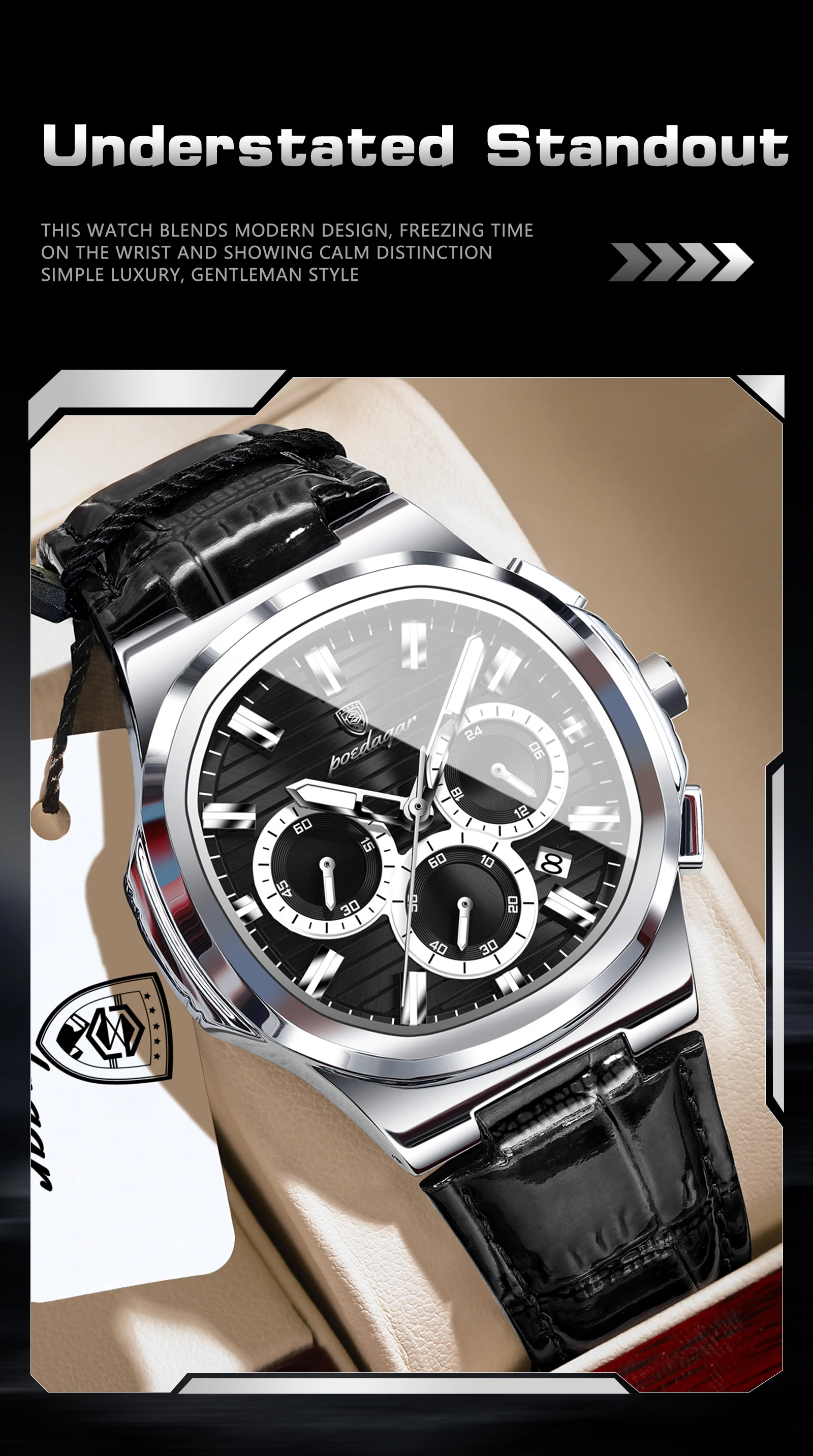 POEDAGAR Luxus-Herrenarmbanduhr, wasserdicht, leuchtend, Leder, modische Herrenuhr, Datumsanzeige, Chronograph, Quarz, elegante Herrenuhren, Reloj – Detail 15