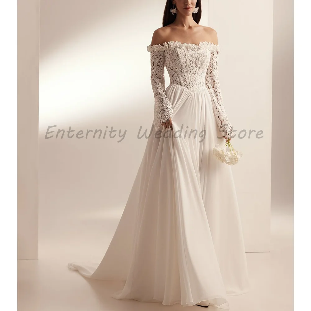White A Line Wedding Dress Off Shoulder Lace Long Sleeve Corset Bodice Chiffon Train Minimal Bridal Gown