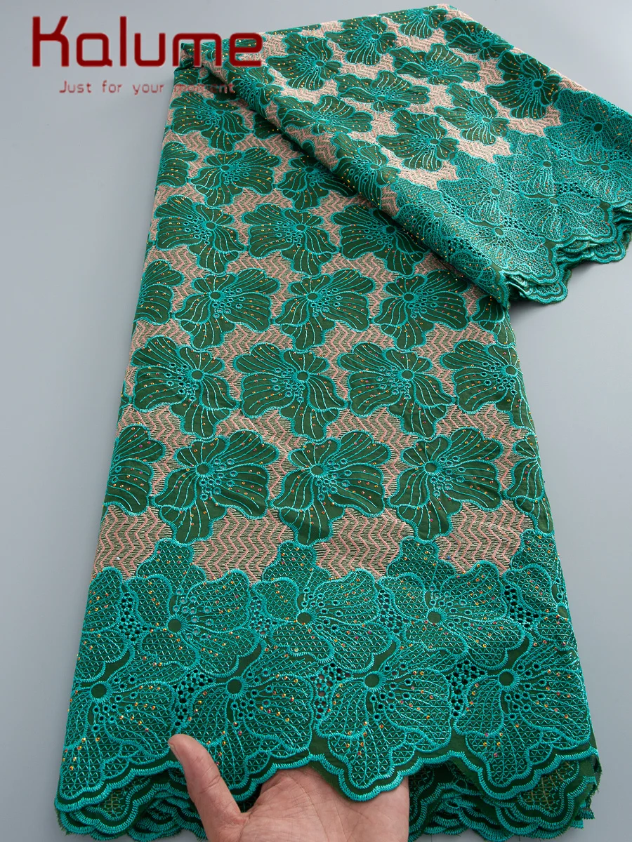 

Kalume 2026 African Cotton Lace Fabric High Quality5Y Swiss Voile Lace Embroidered Flower Cotton Lace for Wedding with Stone