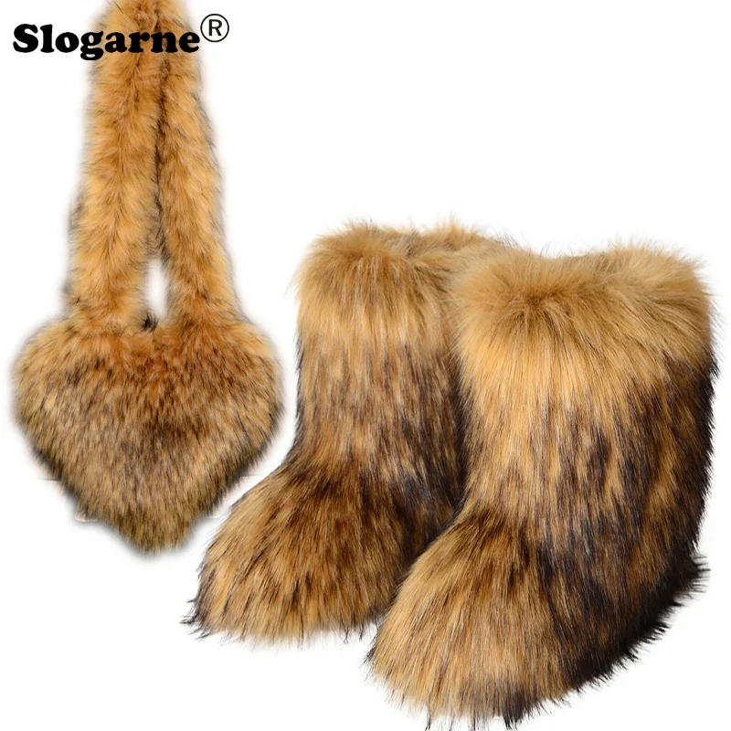 Faux Racoon Dog Fur Sets Furry Fur Bags and Boots Women's Winter Luxury Snow Boots Fur Shoes Girls Fluffy Fashion Handbags Suits