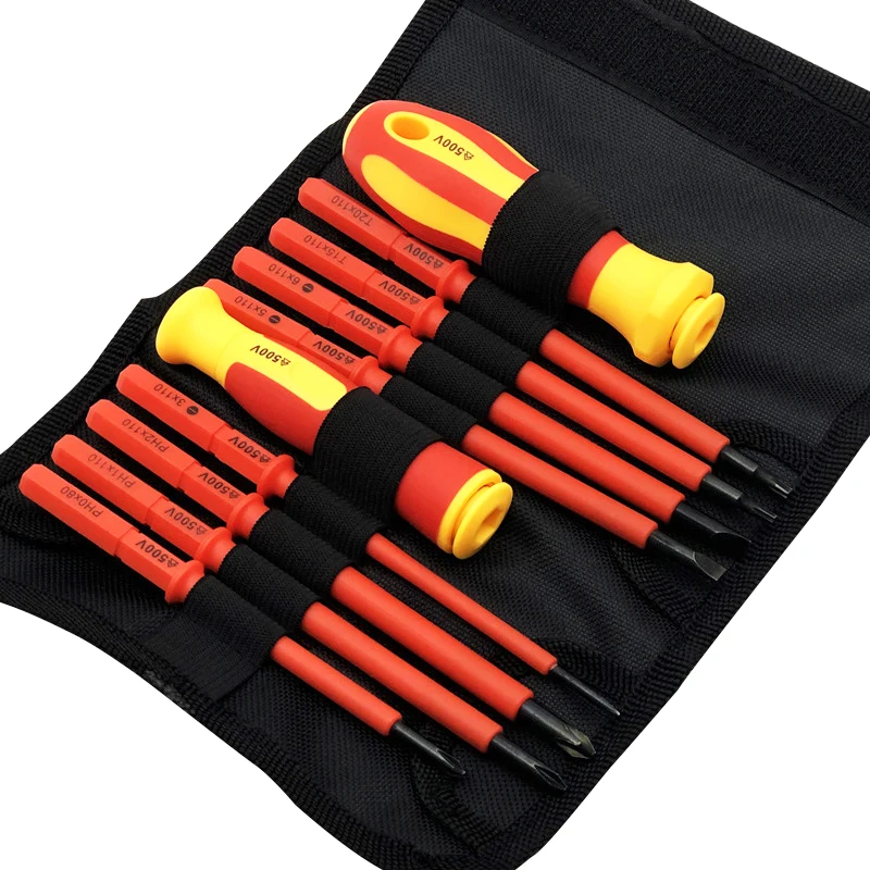 Kit Chave de Fenda Isolada com Bolsa Cabeça Intercambiável Ferramentas Eletricistas Casa e Uso Profissional 10 Pcs