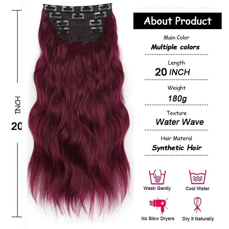 Extensions de cheveux synthétiques à clipser pour femmes, postiches blondes bordeaux longues, optique ondulée, tête complète, 180g, 20 po, 4 pièces