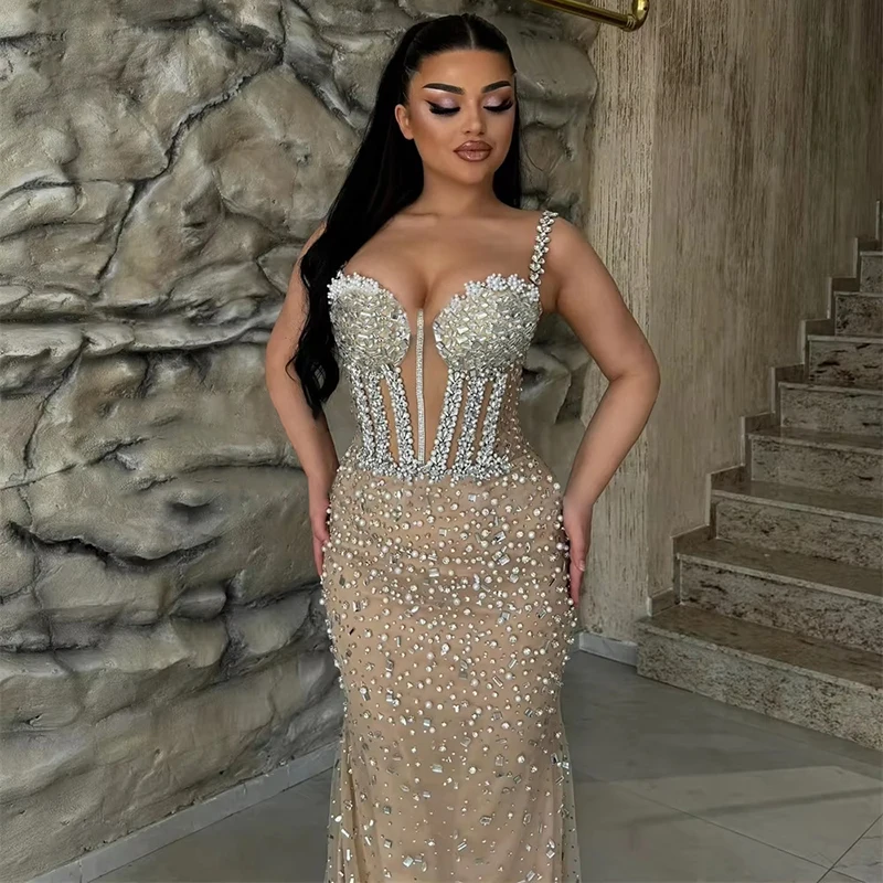 럭셔리 크리스탈 인어 이브닝 가운 여성 딥 브이넥 민소매 댄스 파티 드레스 바닥 길이 바디 컨 정장 가운 파티 드레스