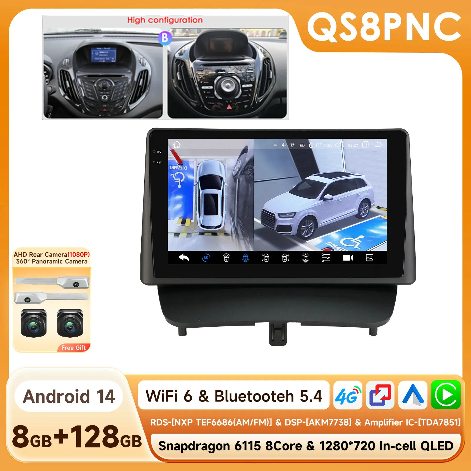Hizpo 8-Core Android 14 Intelligente autoradio voor Ford Transit/Tourneo Courier 2013-2021 CarPlay 4G BT met Qualcomm Snapdragon 6115