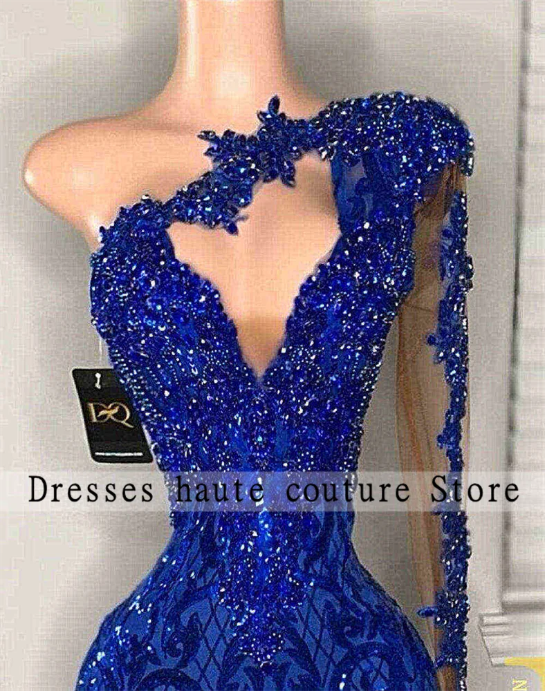 Luxury ROYAL BLUE Sequins Mermaid PROM Dresses 2025 สีดํา GirlsCrystals Appliques ชุดราตรีชุดแต่งงานที่กําหนดเอง