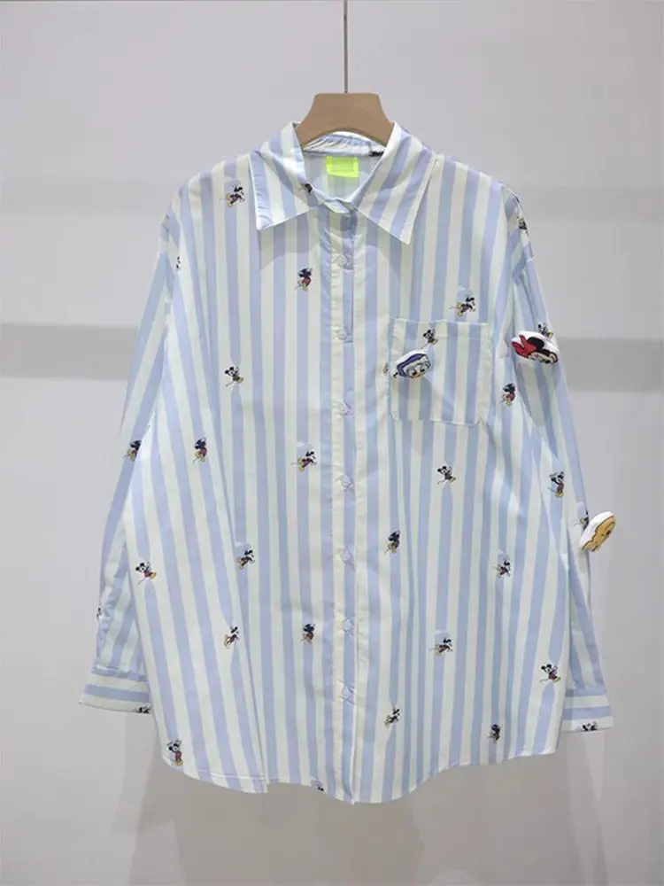 Camiseta holgada larga con bordado de Sve irt para mujer, camiseta holgada francesa con decoración de dibujos animados de otoño y primavera, talla grande, MM