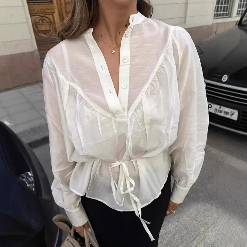 

Women's Lace Up Shirt Fashion Lapel Long Sleeve Shirt Cropped Top Summer Casual Office Lady Streetwear High Waist Blouse