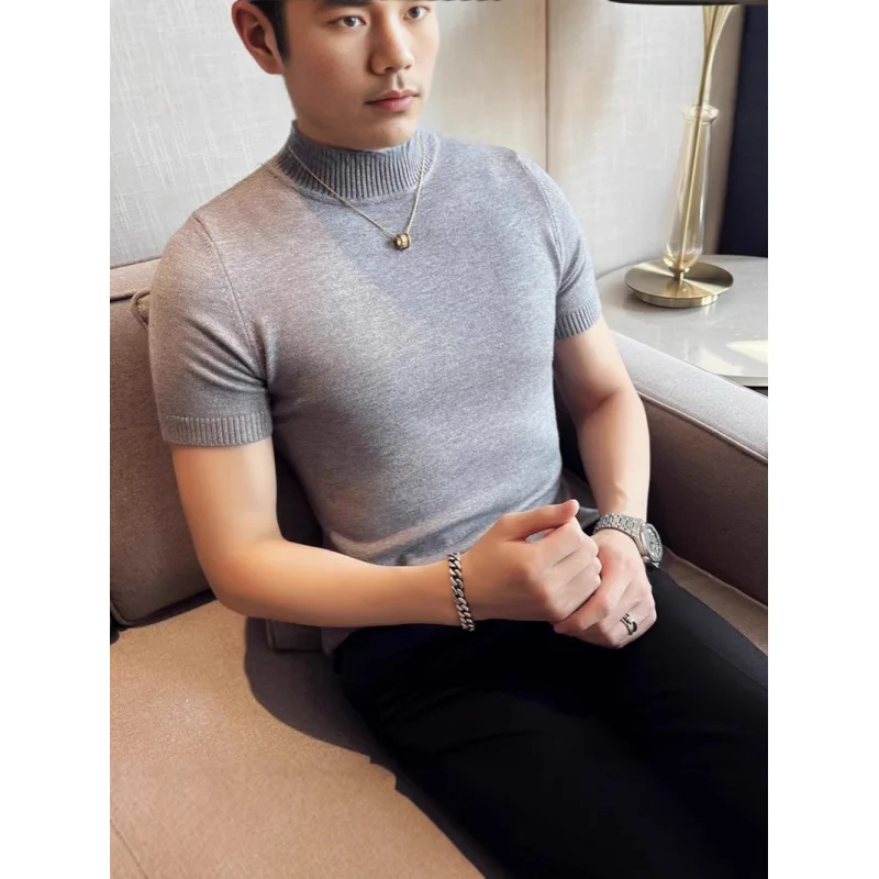 

Осень-зима, свитер с коротким рукавом, мужская однотонная трикотажная рубашка, модная базовая рубашка с круглым вырезом, топ с короткими рукавами, полувысокий