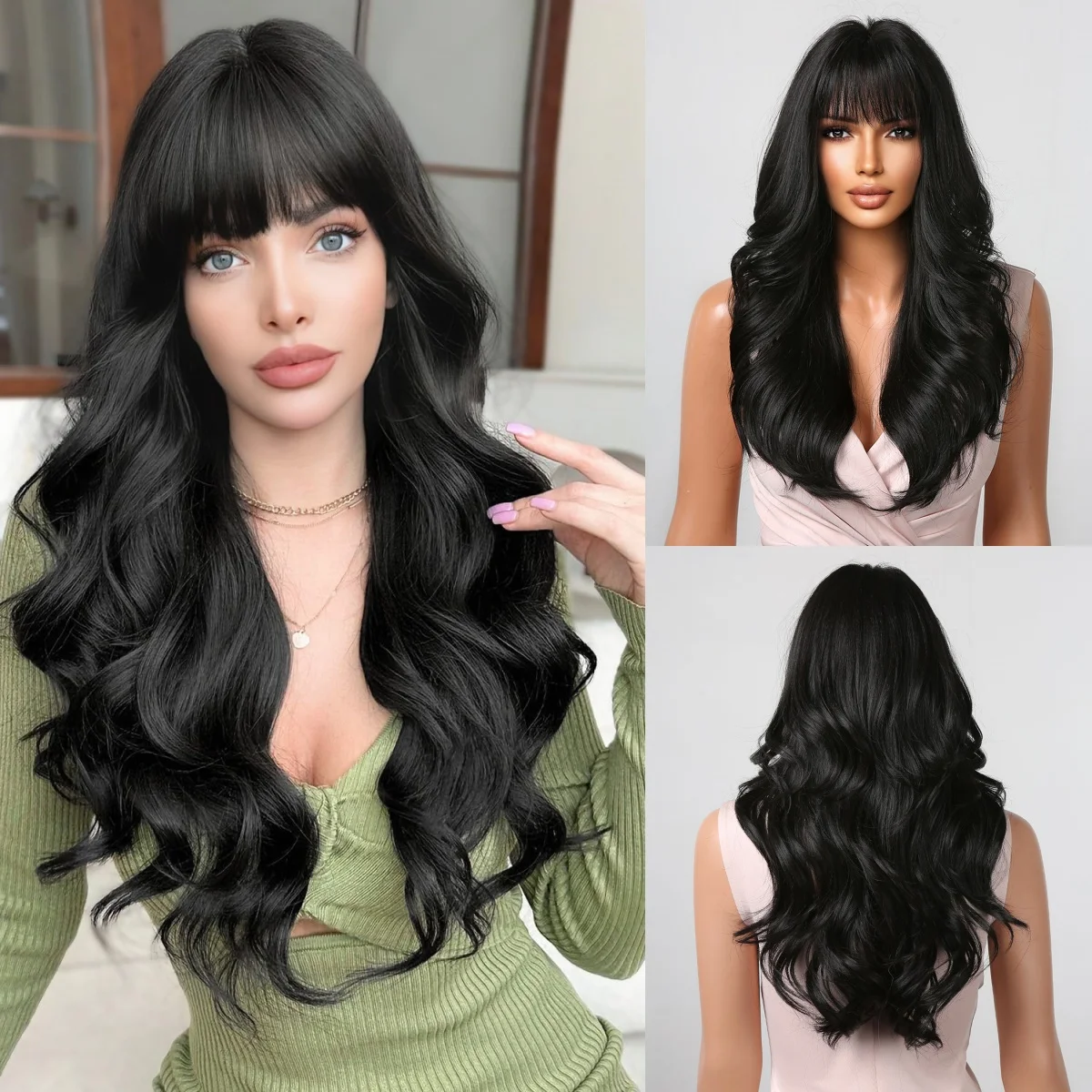 

Long Wavy Black Synthetic Wigs With Bangs For Women Long Wavy Curly Wigs Natural Looking Wig for Daily Party Use Heat Resistant