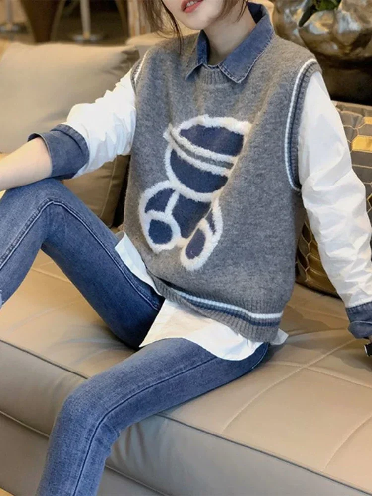 Waistcoat Loose Pullover Knit Vests for Women Gray Bear Lady Sweaters Cheap Clothes Vintage Clothing Trend 2024 Sales Classic