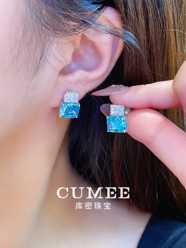 Cumee Double Syntheic Gemstone Aquamarine Artificial Pink Diamond Stud Earrings  Women with 925 Silver Gold Plating