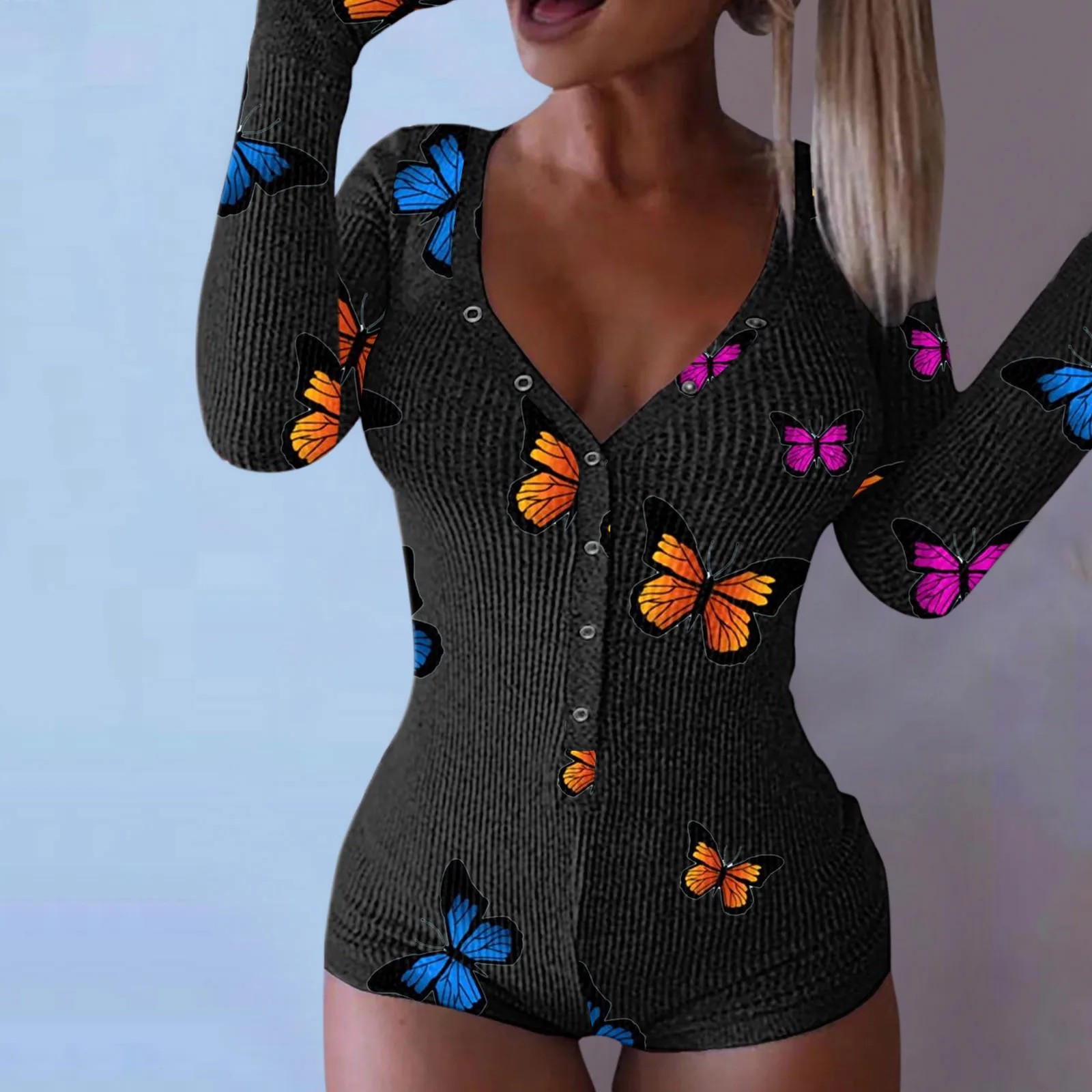 

Long Sleeve Playsuit Romper Sexy Women Long Pajama Jumpsuits Stretchy Onesies Open Butt Buttoned Butterfly Printing Nightwear