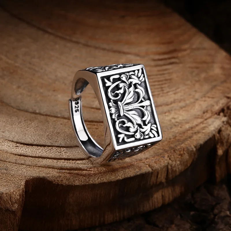 Wholesale 925 sterling silver ring Seiko Tang grass pattern ring ring opening Thai silver vintage trendy unique ornament