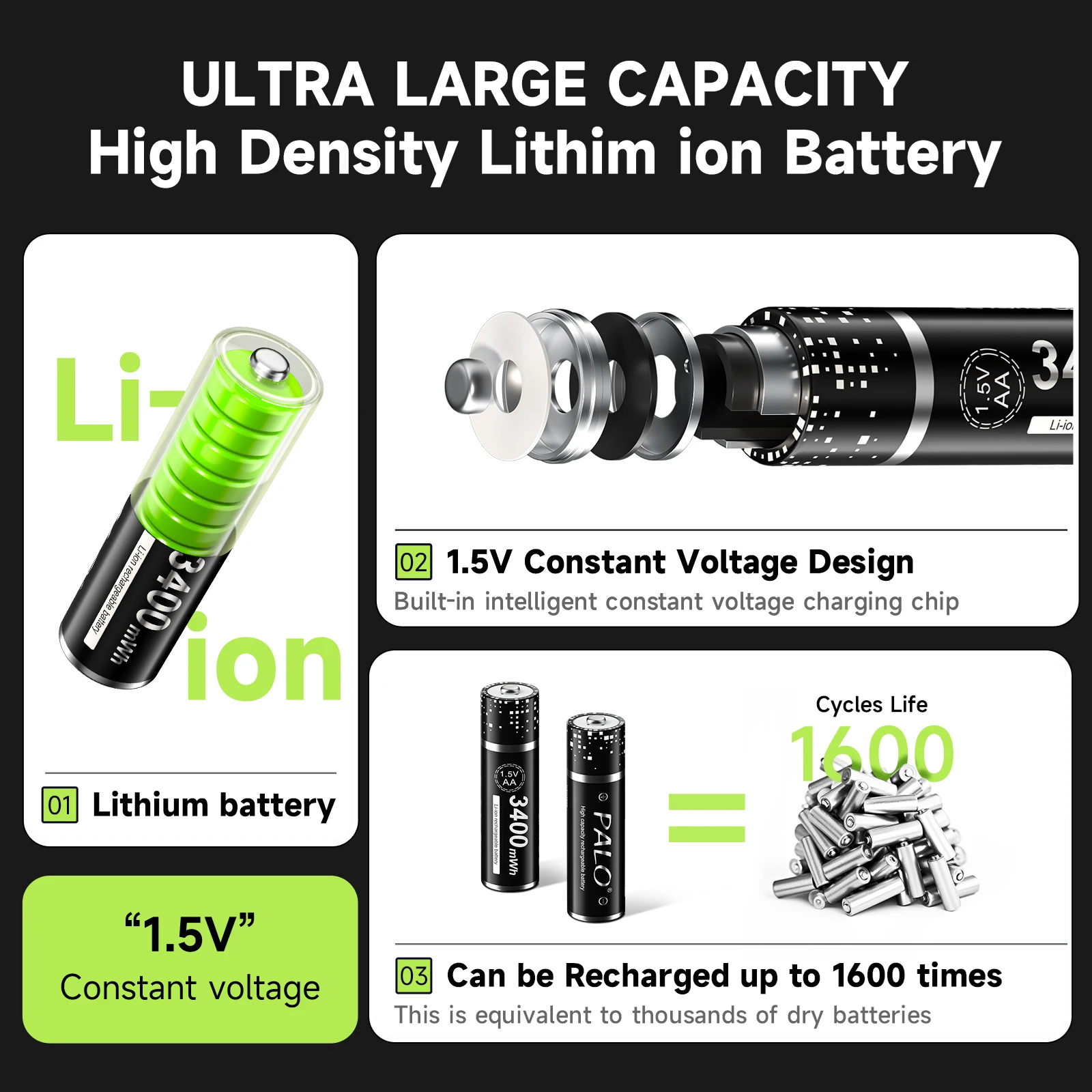 بالو 1.5 فولت AA AAA بطارية قابلة للشحن AA بطاريات ليثيوم أيون 2A 3A بطارية لعبة لعبة وحدة التحكم الماوس التحكم عن بعد جرس الباب