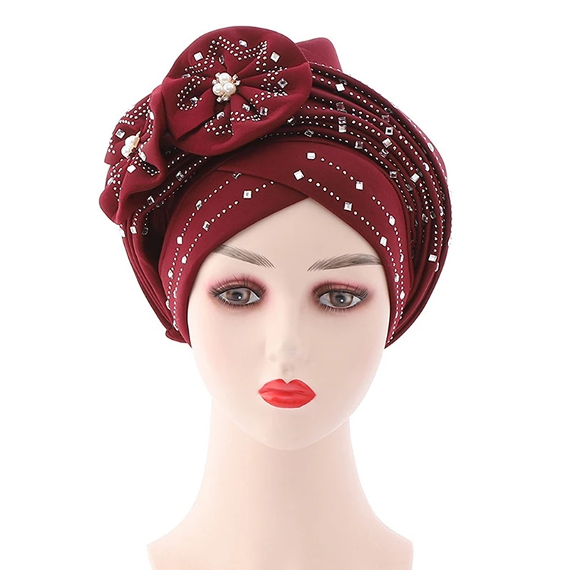 

African Flower Women Auto Gele Headtie Adjustable Muslim Headscarf Scrub Hat Wedding Headdress Beanie Turban Bonnet