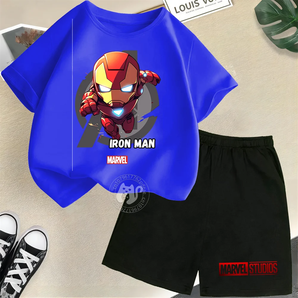 Superhero Kids Summer 100% Cotton Teen Crewneck T-shirt + Shorts Iron Man Print Boys Girls Comfortable Casual Suit   Disney Mick