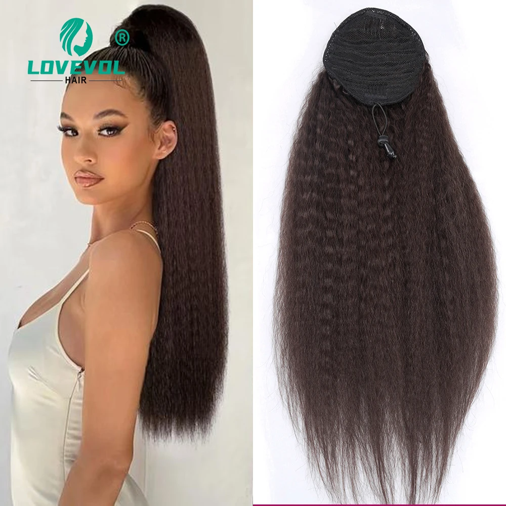 Lovevol-Yaki Straight Ponytail Extensões para as Mulheres, Brasileiro Kinky Cabelo Humano, 2 Clips Drawstring, 100g