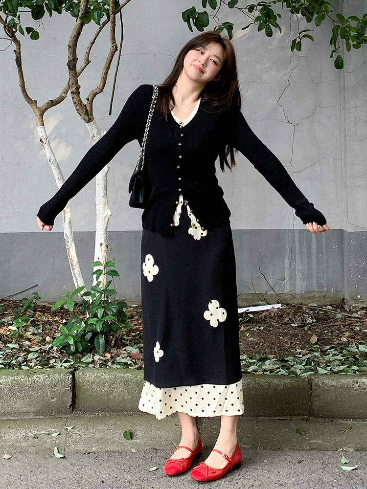 

Black Polka Dot Half-length Skirt And Open Cardigan Set Elegant Autumn Fashion Women's Clothing V-neck Long Sleeve Breathable