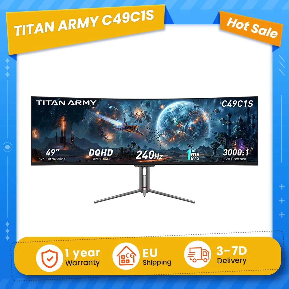 TITAN ARMY C49C1S Fast VA Gaming-Monitor, 49 Zoll, 32:9 gebogen, 1800R Krümmung und Dual QHD (5120 × 1440) Auflösung, 240 Hz, 1 ms MPRT, 1,07 Milliarden Farben (8-Bit + FRC), HDR400, unterstützt
