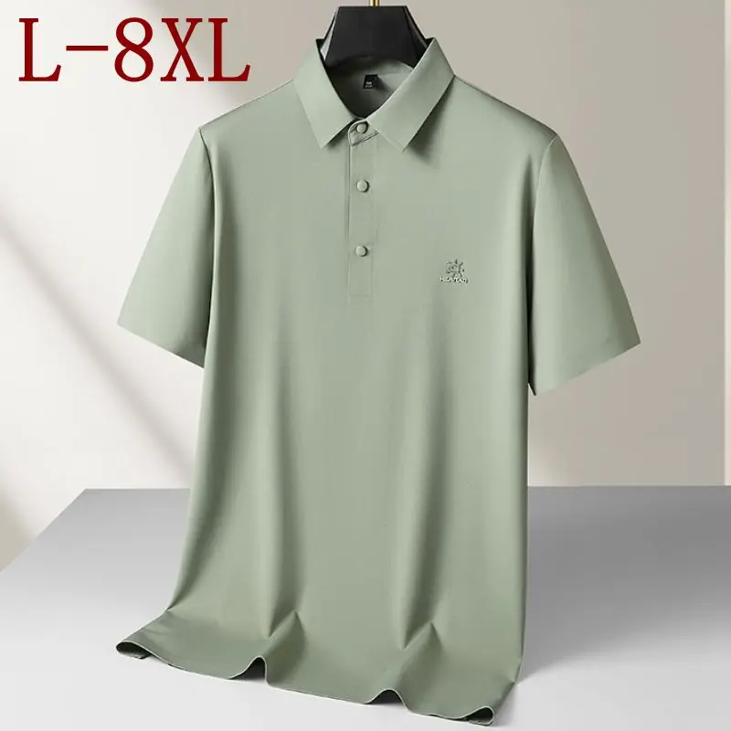 

8XL 7XL 6XL 2026 New Summer High End Luxury Ice Silk Polo Shirt Man Tops Skin Friendly Mens Shirts Lapel Loose Tee-shirts Homme