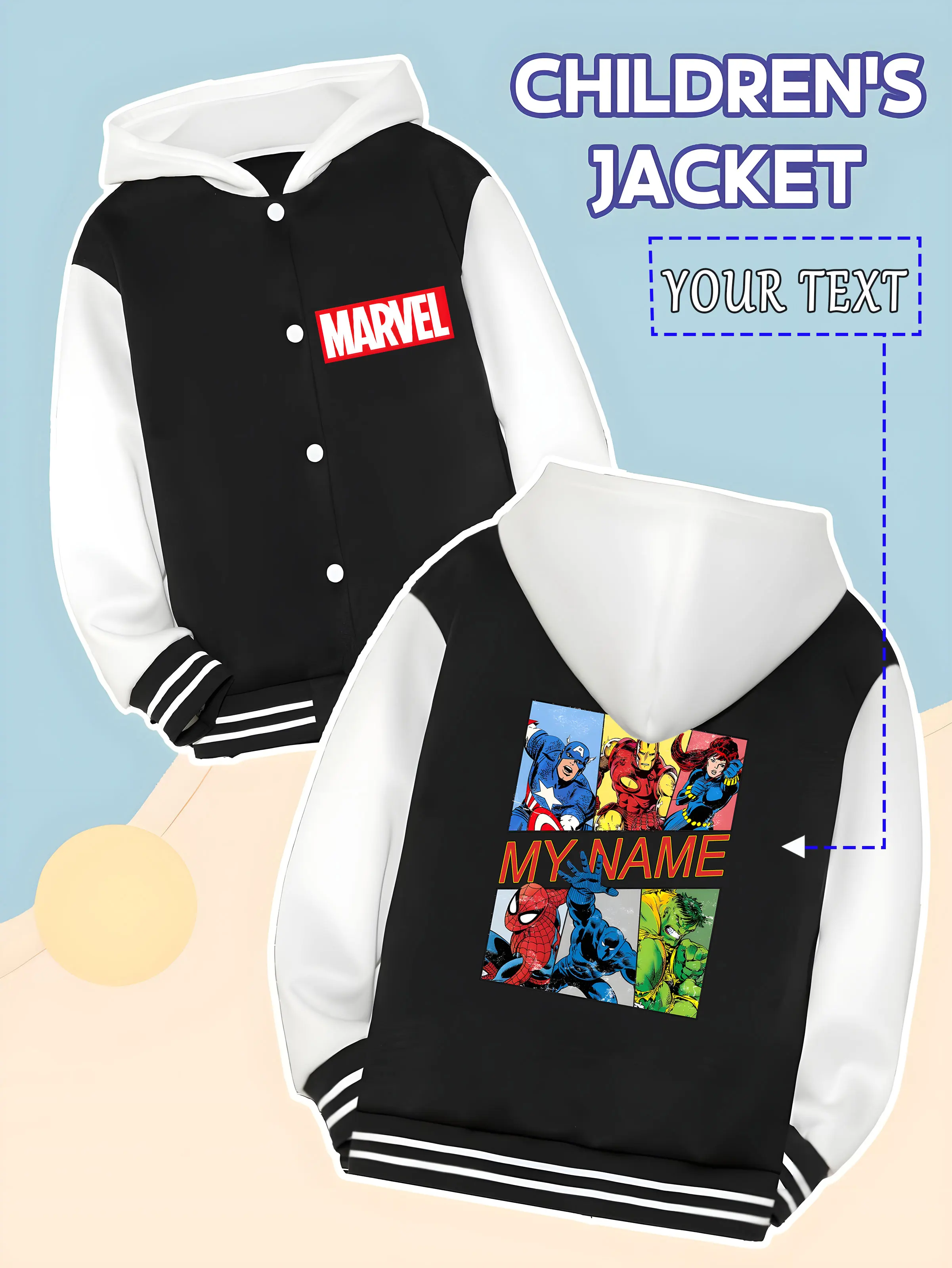 

MINISO Marvel Boys Baseball Jacket - Marvel multi-hero puzzle print, colorful and rich, warm and stylish in autumn and winter, s