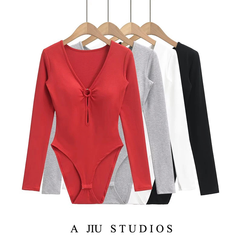 

Street Sle Sexy Hollow out Long Sve T-irt with Chest Pad V-Ne Slimming Bodysuit for Women High Waist ort Pants