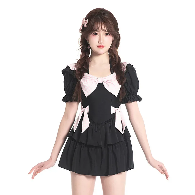 Japanese Cute New Short Sleeve Dress Swimsuit 2024 Summer New Sweet Bow Design Lolita Swimwear Jumpsuit Hot Spring Bathing Suit