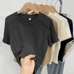 Solid color round Tops neck short sleeved slim fit T-shirt for women 2024 summer new western-style short shoulder shirt T-Shirt