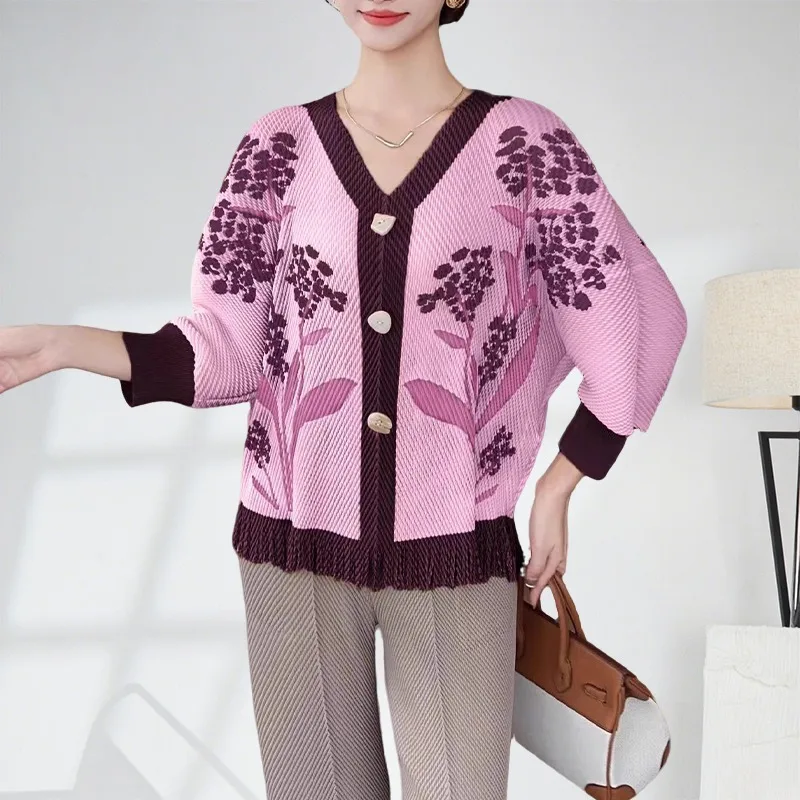 

Miyake новый свободный топ с v-образным вырезом и рукавами «летучая мышь», модный повседневный пуловер с цветным принтом, вязаный свитер с эластичностью