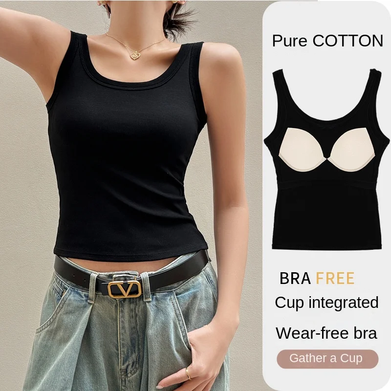 2024 Korean Style Women Sexy Tops Vest Fashion Cotton U-shaped with Chest Pad Sleeveless Outer Wear Basic Camisole Bra Slim