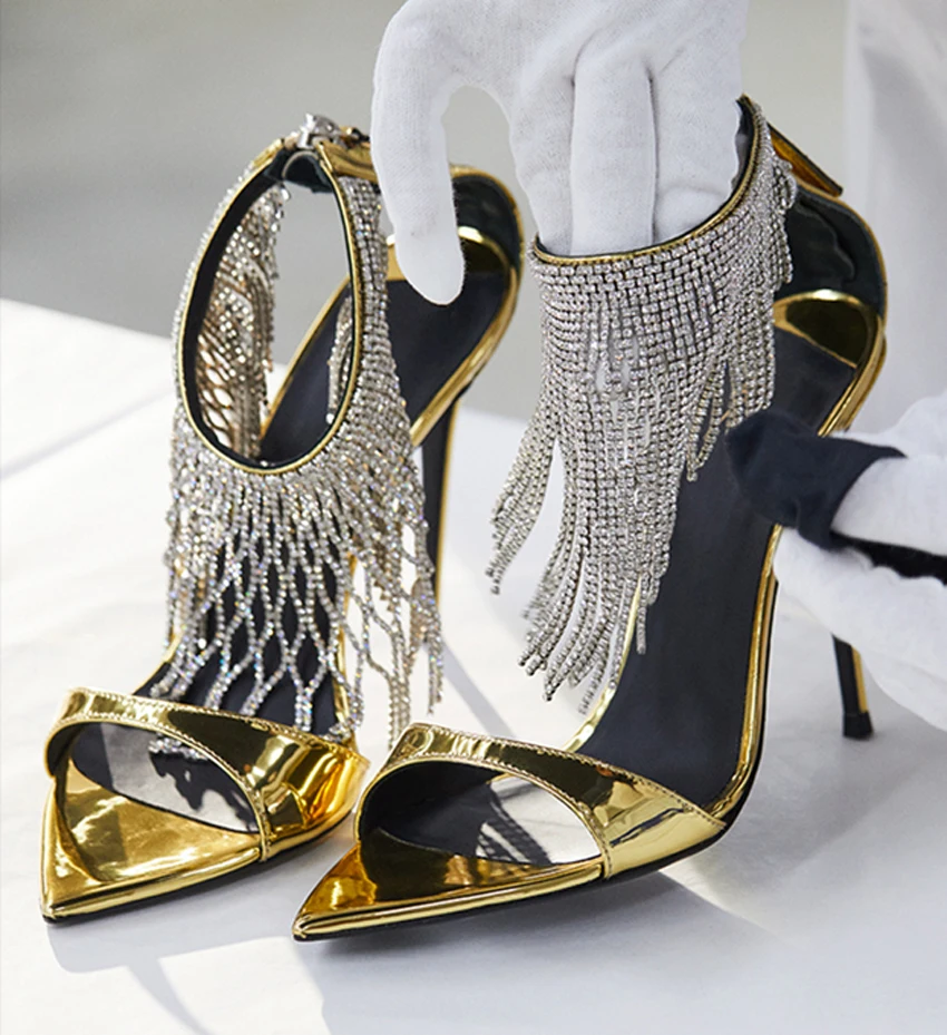 

Luxury Rhinestone Crystal Sandals Gold Silver Black Women Tassel Fringe Sandalias Prom Party Formal Pumps Wedding Shoes 41 42 43