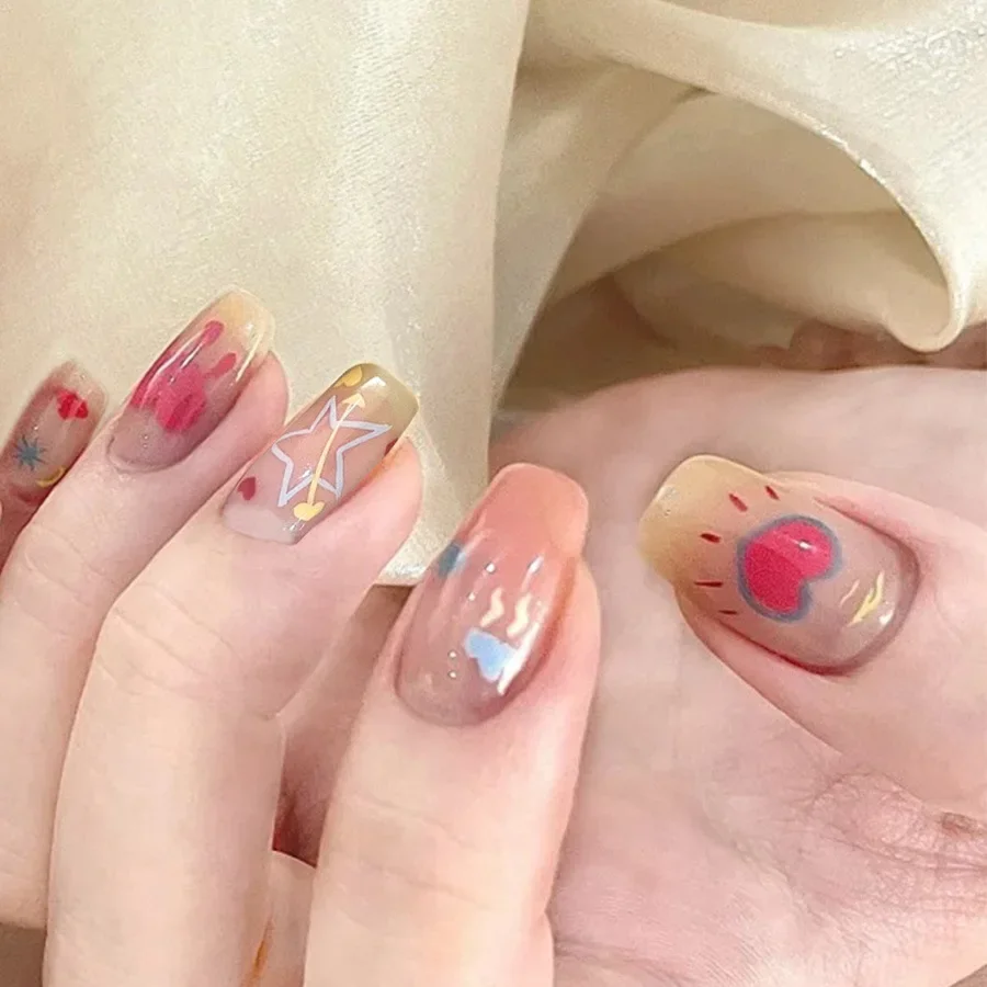 24枚入りグリッターキャットアイプレスオンネイル、スイートグロッシーピンクフレンチフェイクネイル、女の子女性用アクリルウェアラブルピュアつけ爪ツール