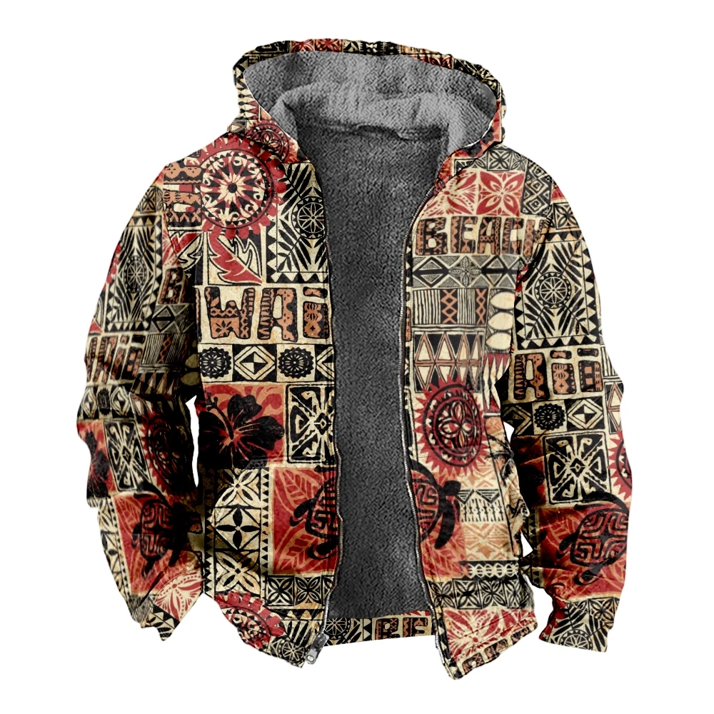 Autumn Winter Fleece Zip Up Hoodies Vintage Hawaii Hibiscus Digital Print Men Parka Coat Jackets Outerwear Sweatshirts