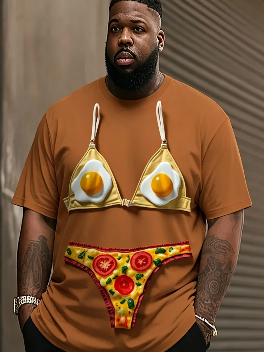 Fun Brown Egg Pizza Pattern 3D Print Sport Breath Quick-dry Men T-shirt Outdoor Street Role-playingLeisure Parent-Child Clothing