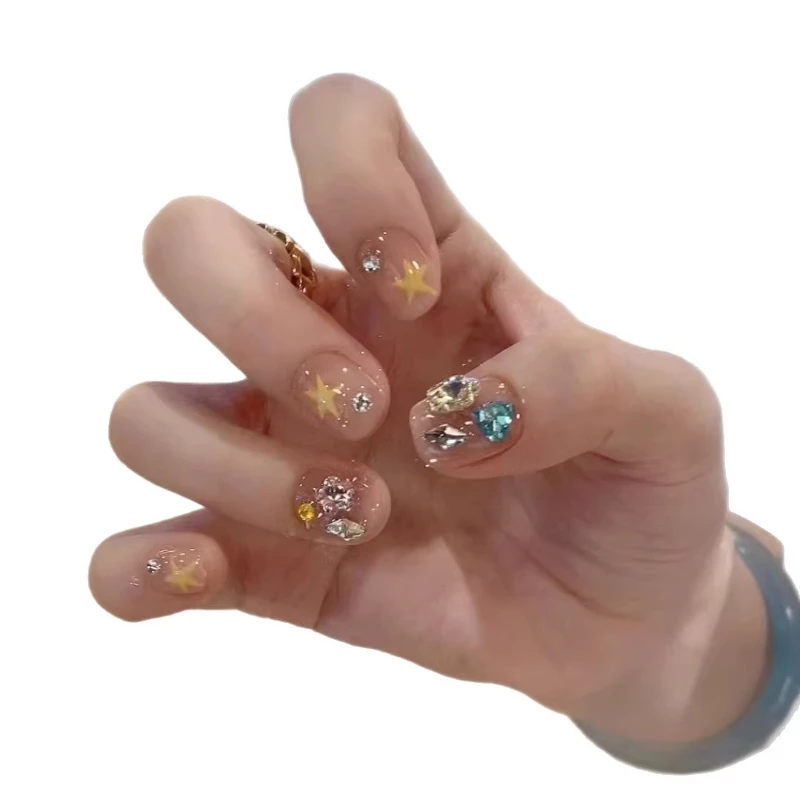 

Pure handmade armor summer stars nude broken diamonds atmosphere white manicure