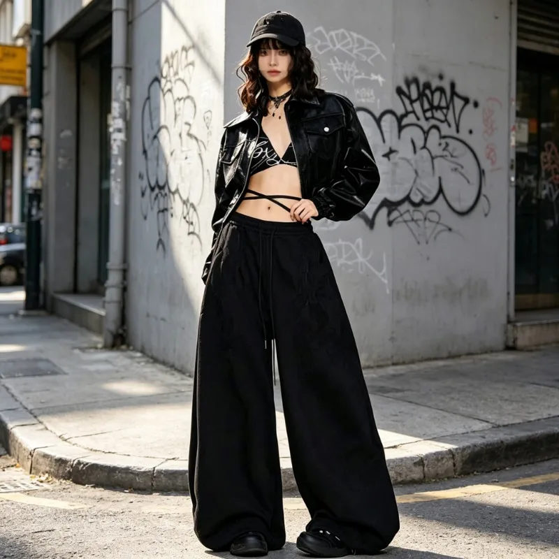 Ladies Spring Autumn Solid Drawstring Wide Leg Pants Fashion New Streetwear Casual Sport Trousers Elastic Waist Daily Bottoms