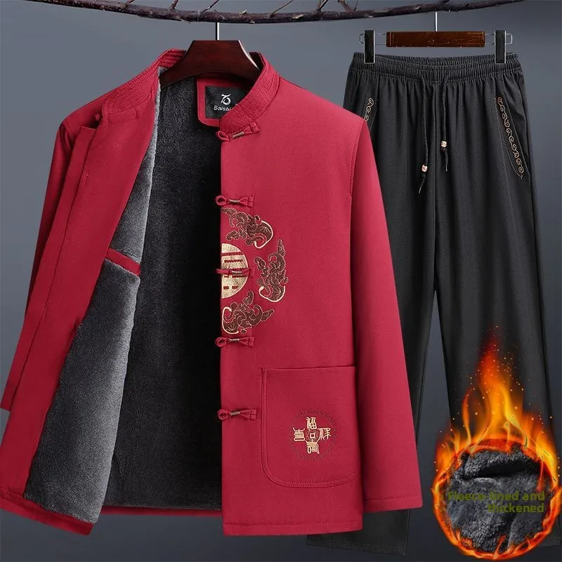

Красный китайский костюм Тан (цюань) для мужчин: зимний хлопковый комплект для отца, на день рождения, свадьбу, банкет. Традиционная этническая одежда для папы.