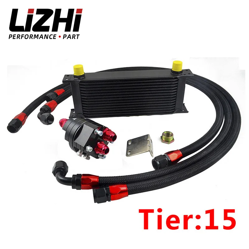 

Universal 15 Rows Engine Oil Cooler Aluminum Oil Filter Cooler Relocation Kit With 3 Pcs Braided Hose Line Accessories