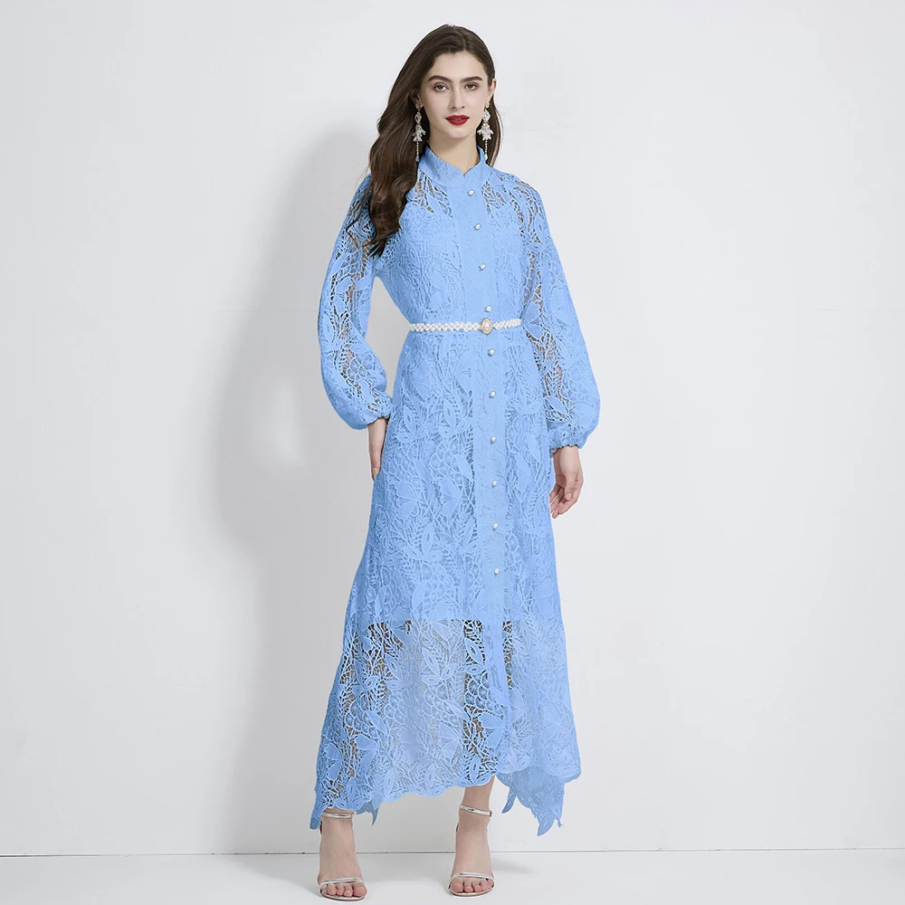 2024 Elegant Autumn Blue Single Breasted Lace Long Dress Women Stand Collar Hollow Out Embroidery Pearl Belt Party Robe Vestidos