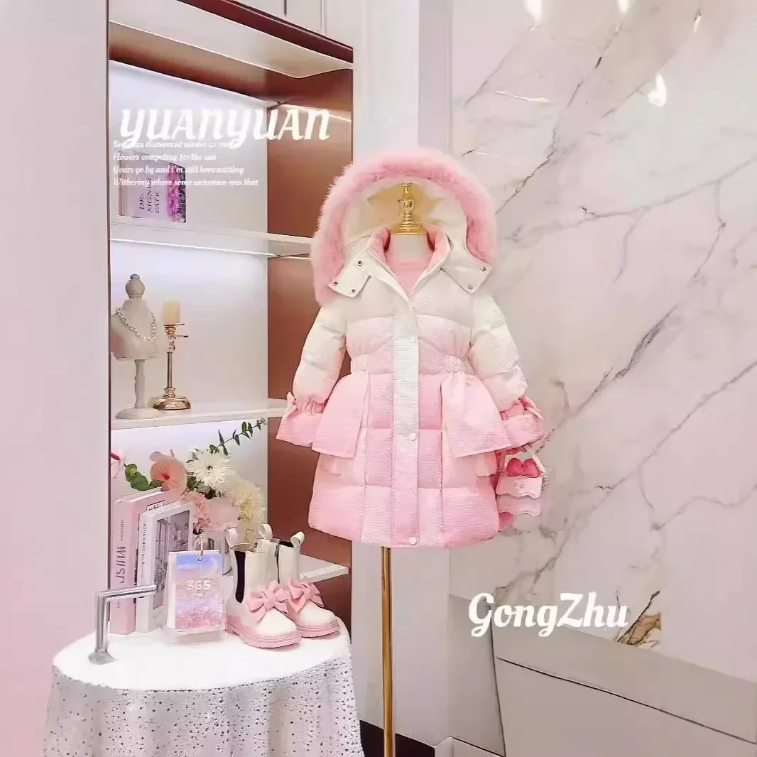 Girls Coat 2024 New Down Padded Jacket Waist and Hooded Big Hair Collar Princess Winter Padded Jacket Baby Foreign Style