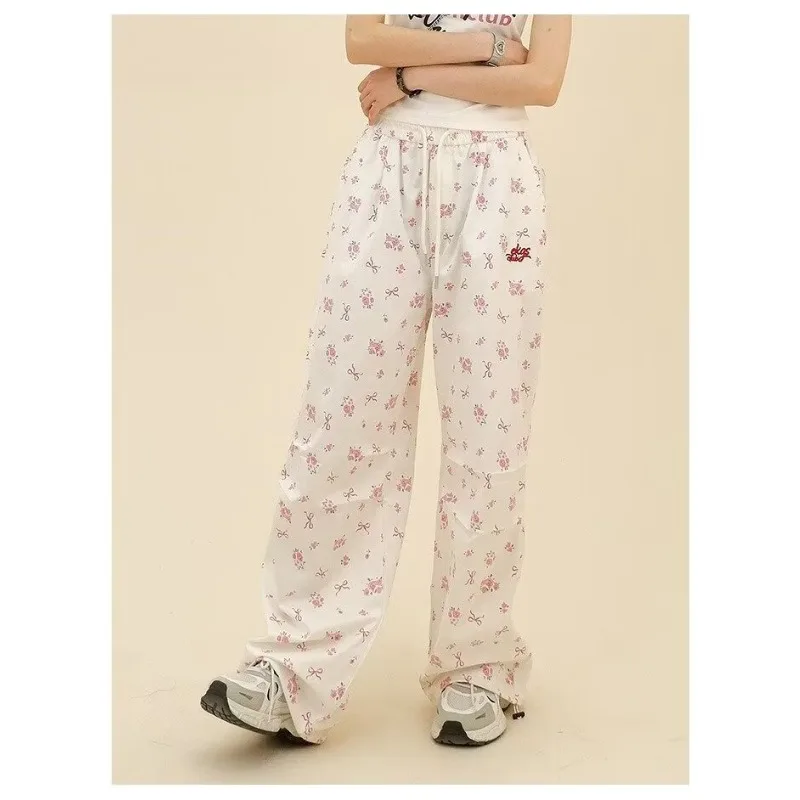 QWEEK Y2k Coquette Flower Print Cargo Pants Women Baggy Korean Wide Leg Vintage White Trousers America High Waist Aesthetic