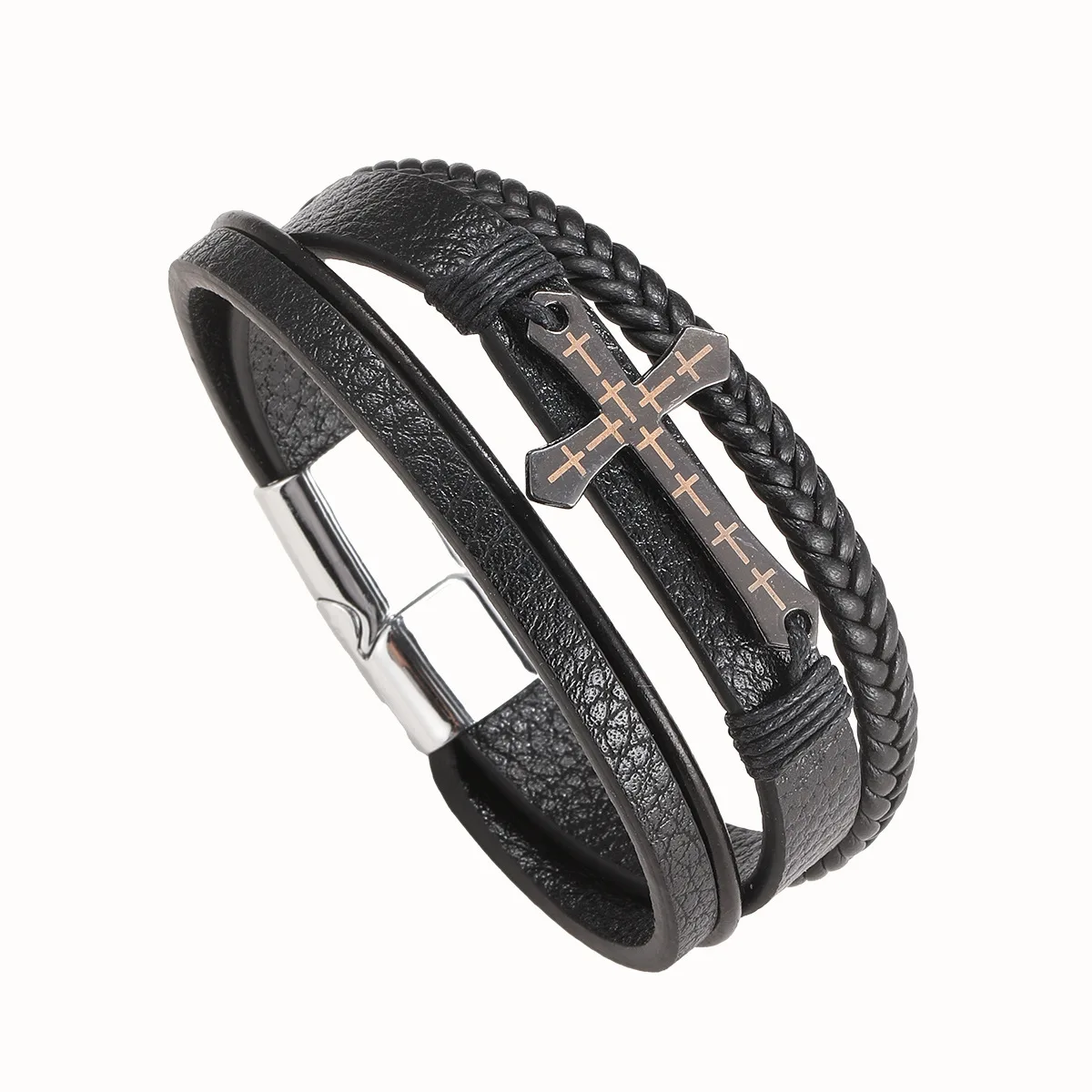 Multi-layer Braided Leather Cross Bracelet Magnetic Clasp Faux Cowhide Bangle for Male European American Retro Jewelry Accessory
