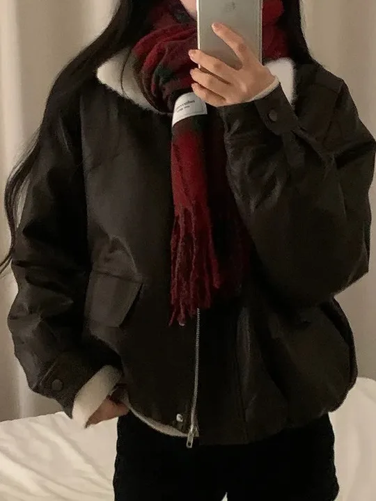 

Korean Style PU Leather Jacket Women's Autumn Winter New Hong Kong Style Chic Small Versatile Loose Fleece Collar Top Trendy